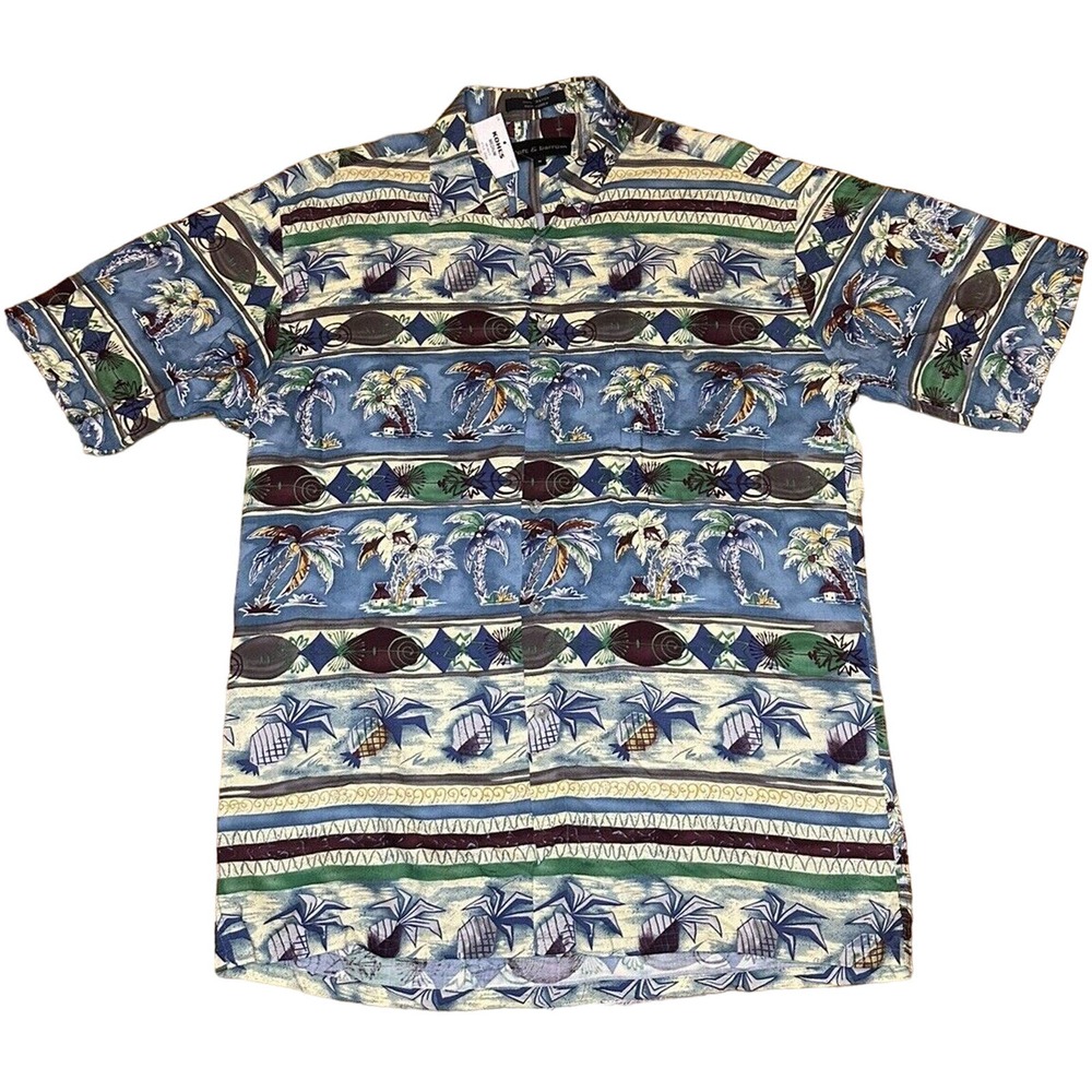 VINTAGE MENS HAWAIIAN SHIRT CROFT& BARROW TROPICAL‎ ISLAND PALM TREES COCONUT M